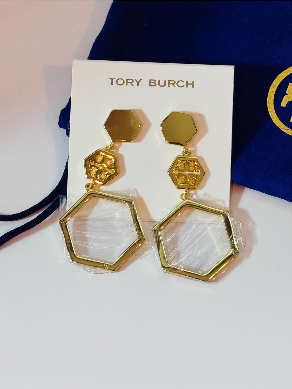 NWT Tory Burch Gold Triple Hexagon Geometric Statement Drop Earrings